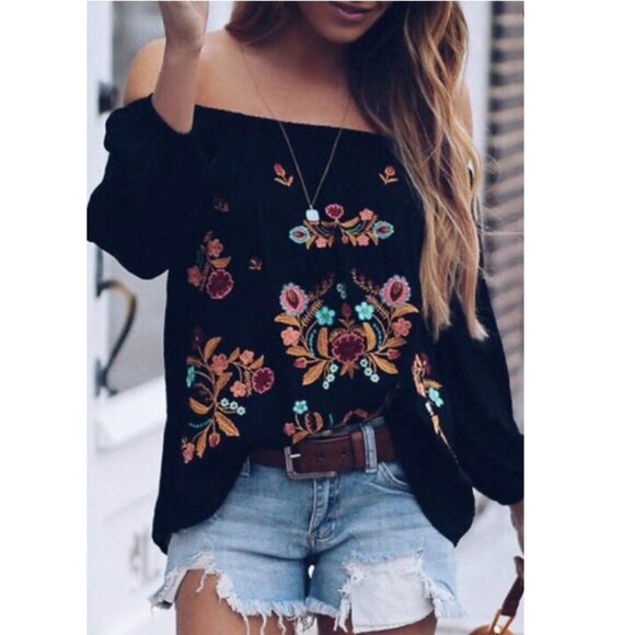 Black Floral Embroidered‎ Off Shoulder Long Sleeve Oversize Boho Top Blouse - Picture 2 of 9
